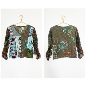 Y2K Vintage Forbidden Beaded Asymmetric Sleeve Mix Print Top Fairy Euro Medium